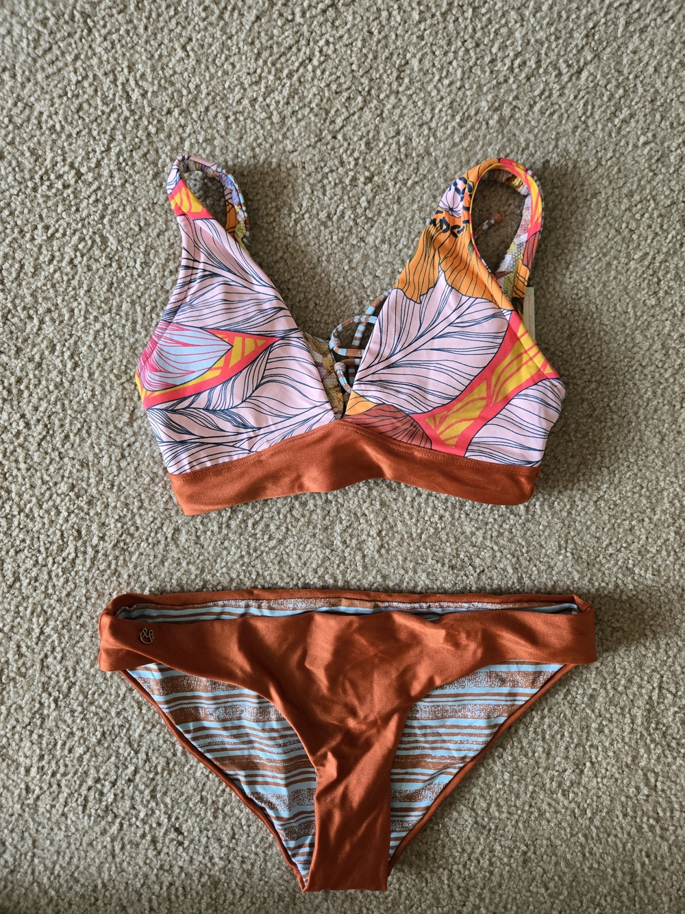 Tropical Print Orange Rust Bikini Set Reversible